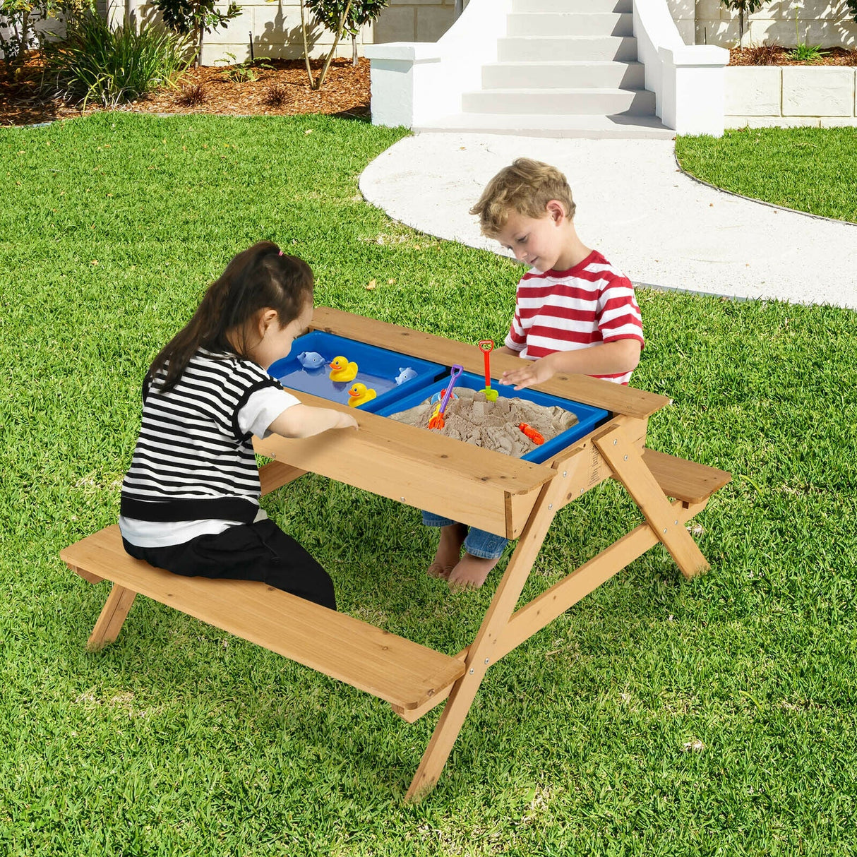 Mesa de pícnic de madera 3 en 1 para niños, mesa de arena y agua para exteriores con cajas de juego