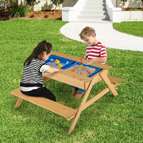 Mesa de pícnic de madera 3 en 1 para niños, mesa de arena y agua para exteriores con cajas de juego