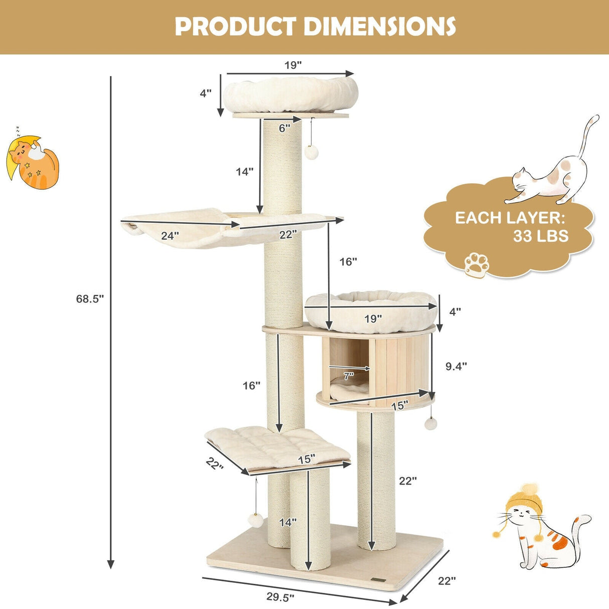 Árbol para gatos de madera de 4 niveles y 68.5 pulgadas, torre de actividades con postes de sisal - Natural