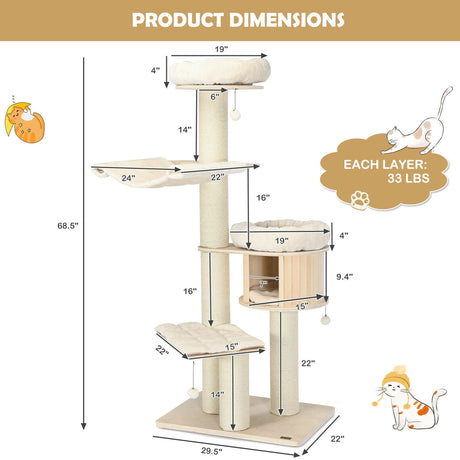 Árbol para gatos de madera de 4 niveles y 68.5 pulgadas, torre de actividades con postes de sisal - Natural