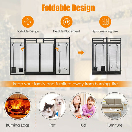 Pantalla plegable de hierro forjado de 3 paneles para chimenea con puertas y juego de 4 herramientas - Negro