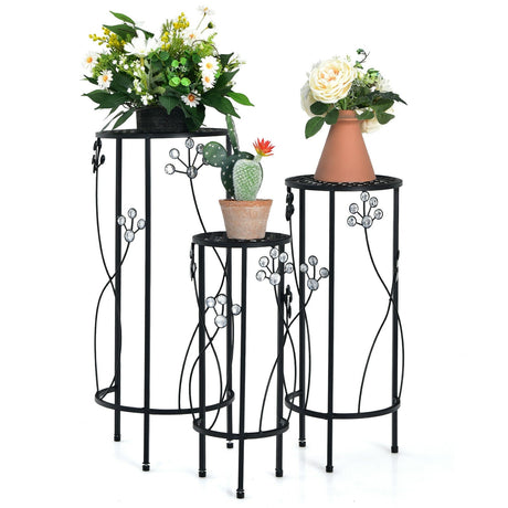Set de 3 soportes de metal para plantas con detalles florales de cristal redondos - Negros