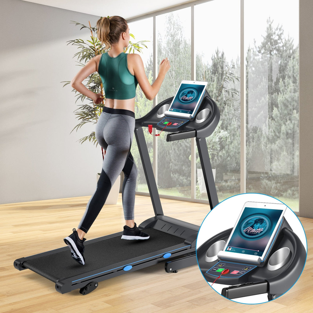 Cinta de correr eléctrica motorizada plegable de 2.25 HP con pantalla LCD retroiluminada azul