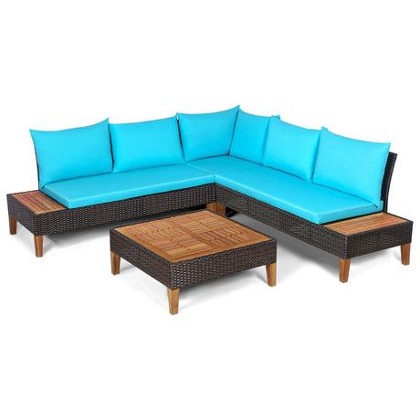 Juego de muebles de ratán acolchados para patio de 4 piezas con mesa auxiliar de madera