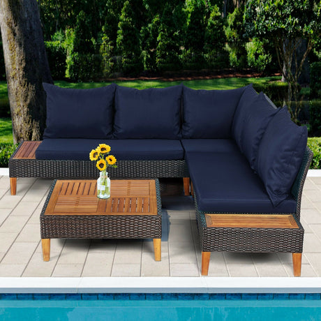Juego de muebles de ratán acolchados para patio de 4 piezas con mesa auxiliar de madera