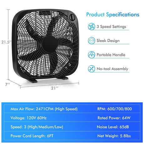 Ventilador de Piso Portátil de Caja de 20 Pulgadas con 3 Niveles de Velocidad y Control de Perilla - Negro
