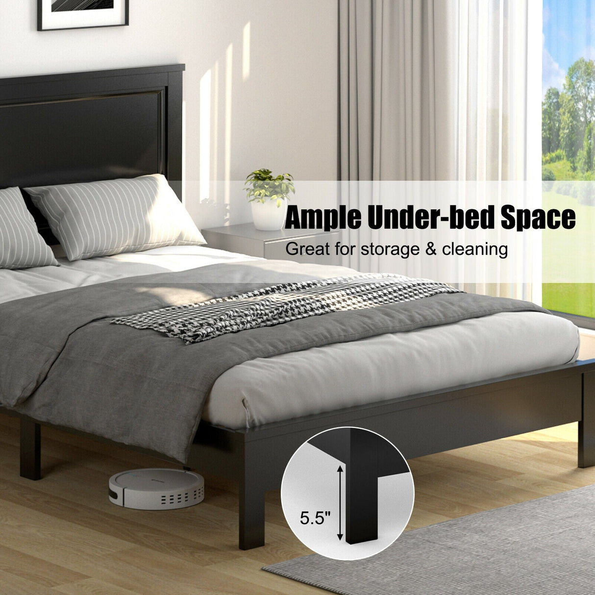 Base de cama de plataforma de tamaño matrimonial con somier de listones y cabecero alto