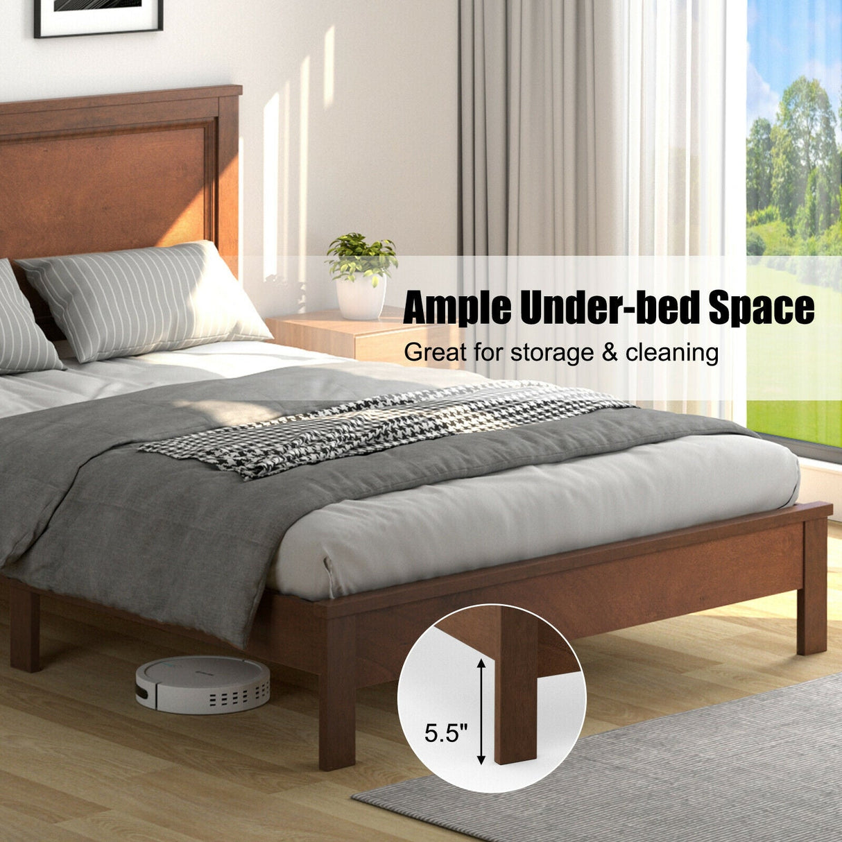 Base de cama de plataforma de tamaño matrimonial con somier de listones y cabecero alto