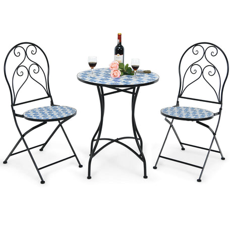 2 sillas de bistró plegables de mosaico para patio con estampado floral azul