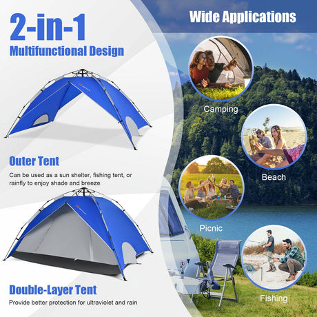 Tienda de camping emergente instantánea impermeable 2 en 1 para 4 personas - Azul