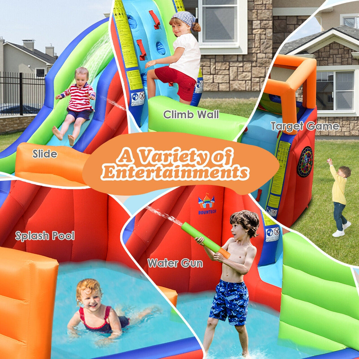 Castillo Hinchable Infantil 6 en 1 de Barco Pirata con Tobogán de Agua, Pistolas de Agua y Soplador de 735W