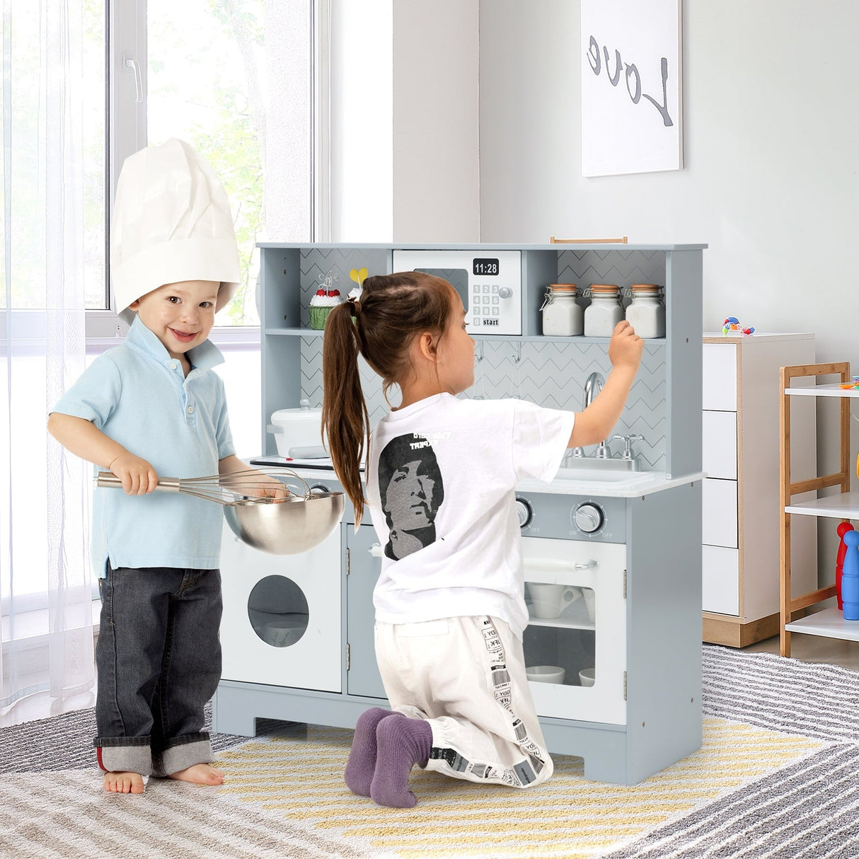 Juego de cocina de juguete de madera para niños con luces y sonidos realistas