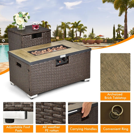 Juego de mesa fogata de ratán a gas propano de 32 x 20 pulgadas con mesa auxiliar, tanque y cubierta