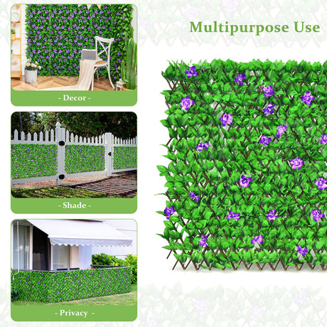 4 Pieces Expandable Faux Ivy Privacy Screen Fence Panel Pack with Flower