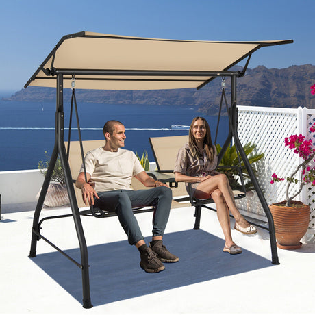 Columpio de Porche Acolchado de 2 Plazas con Toldo Ajustable y Mesa de Cristal Templado - Beige