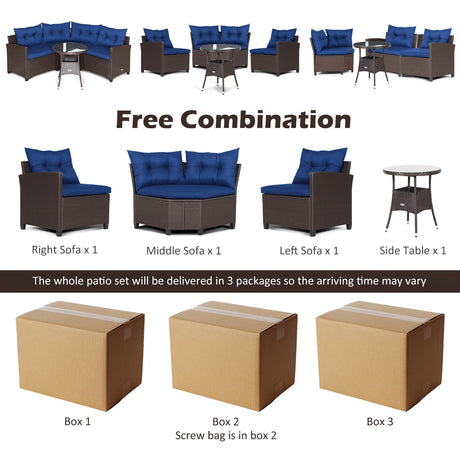Juego de muebles de patio de ratán de 4 piezas con cojines para sofá y mesa de cristal