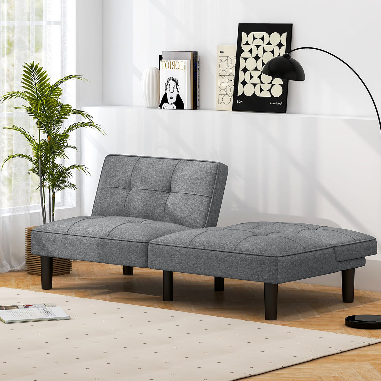 Sofá Cama Plegable Convertible Tipo Futón con Respaldo Ajustable en 6 Posiciones-Gris