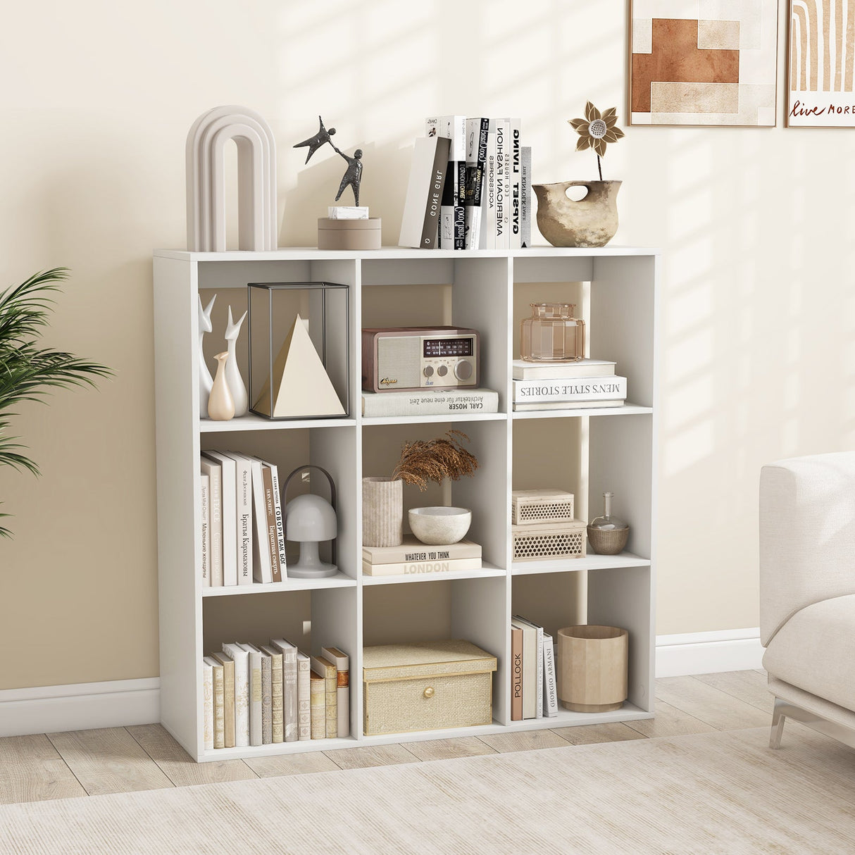 Estantería de 9 cubos con riel trasero de protección para sala de estar o dormitorio - Blanco