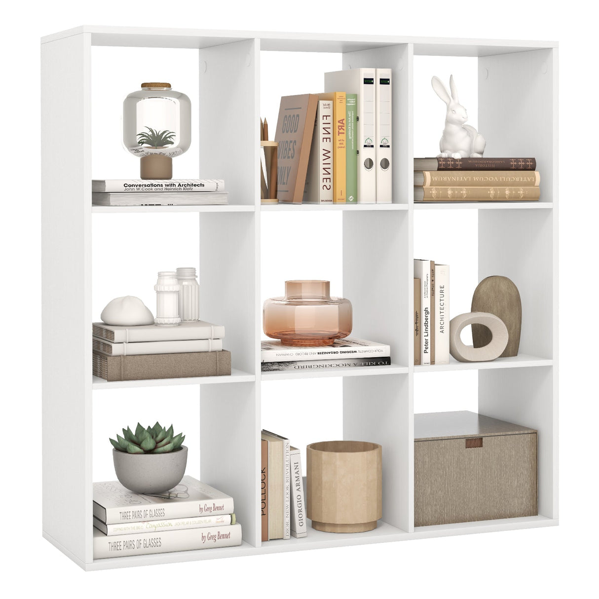 Estantería de 9 cubos con riel trasero de protección para sala de estar o dormitorio - Blanco
