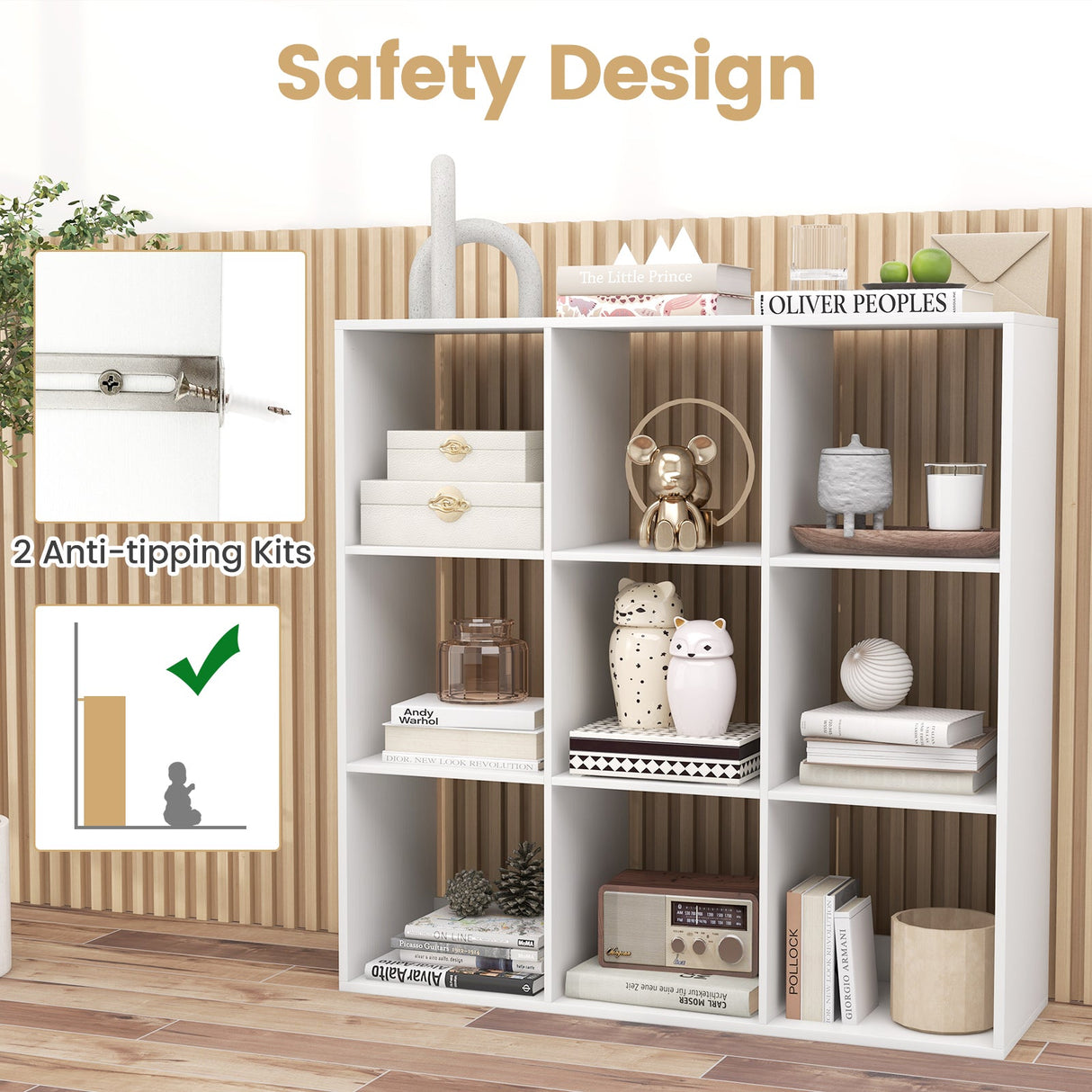Estantería de 9 cubos con riel trasero de protección para sala de estar o dormitorio - Blanco