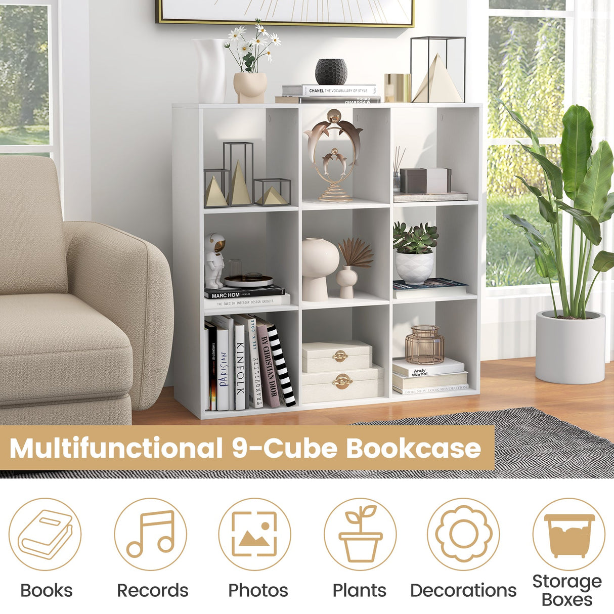 Estantería de 9 cubos con riel trasero de protección para sala de estar o dormitorio - Blanco