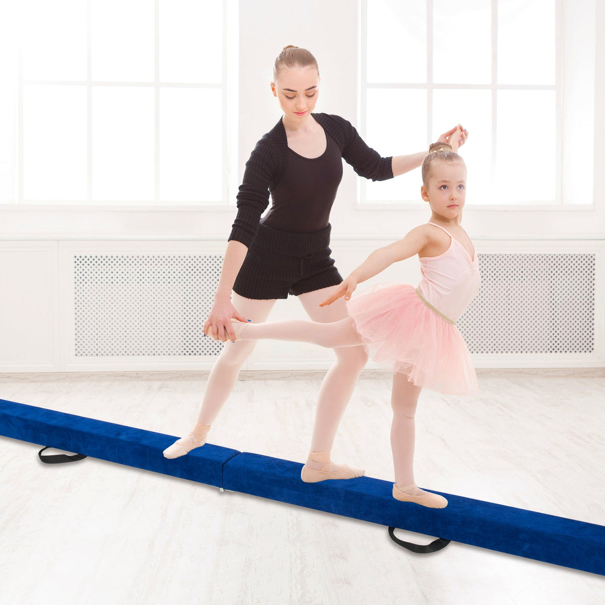 Barra de equilibrio de gimnasia plegable de 2.74 m con base antideslizante y marco de madera de pino