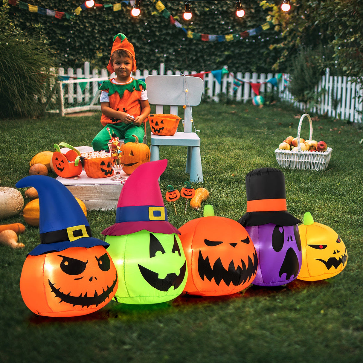 9 Feet Inflatable Pumpkin Patch Family with Built-in LED Lights and Witch Hats