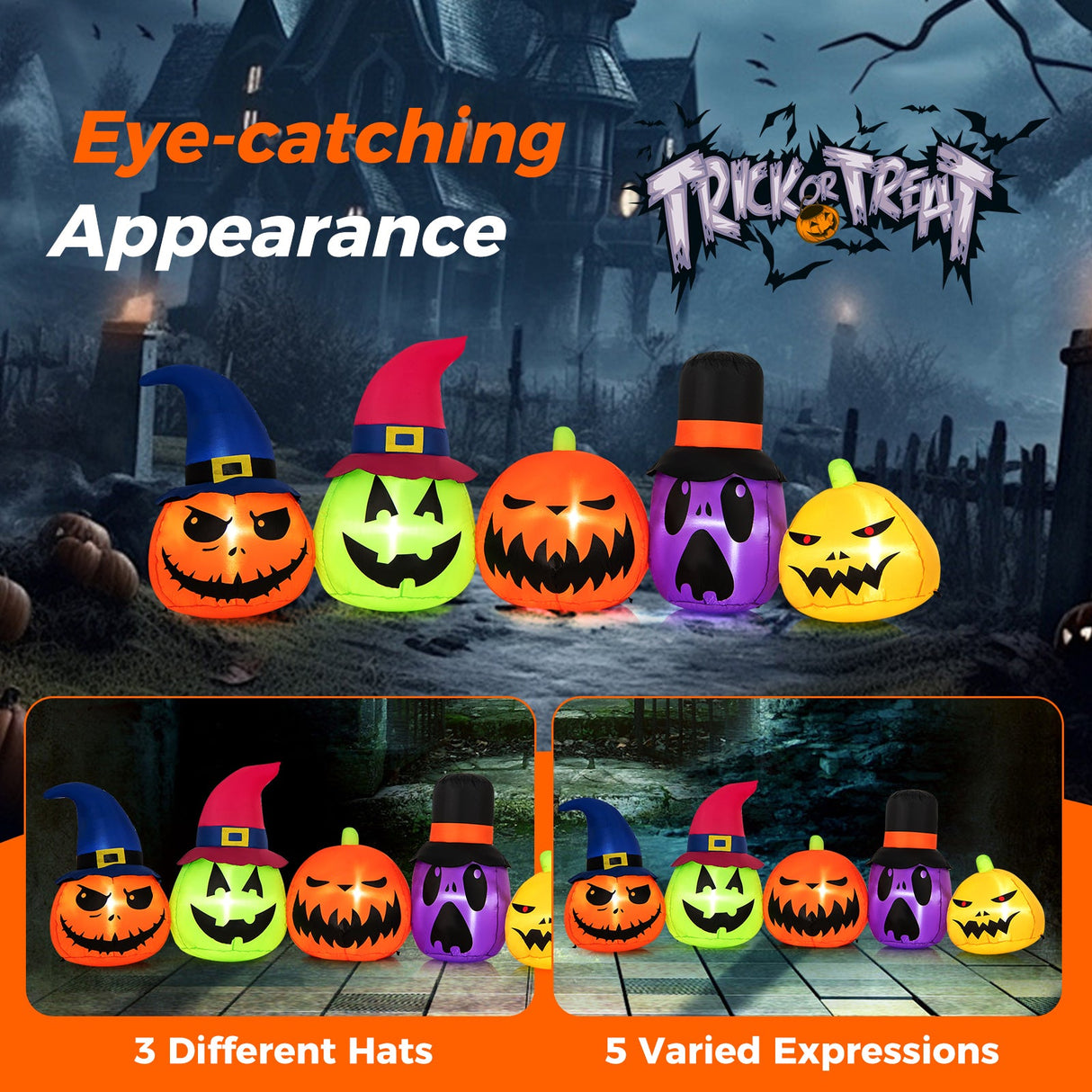 9 Feet Inflatable Pumpkin Patch Family with Built-in LED Lights and Witch Hats