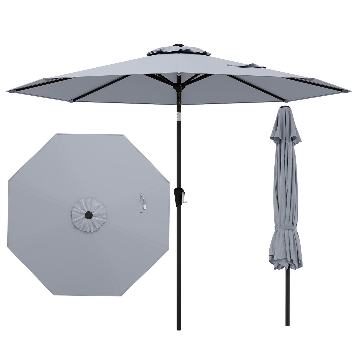 Sombrilla de mesa para patio exterior de 2,74 m (9 pies), con botón de inclinación y manivela - Gris
