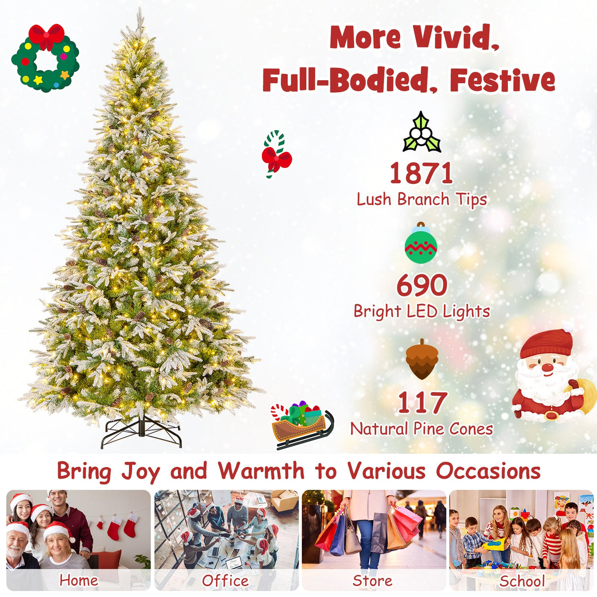Árbol de Navidad artificial preiluminado de 6/7.5/9 pies con 765/1135/1871 puntas y 280/470/690 luces LED blanco cálido