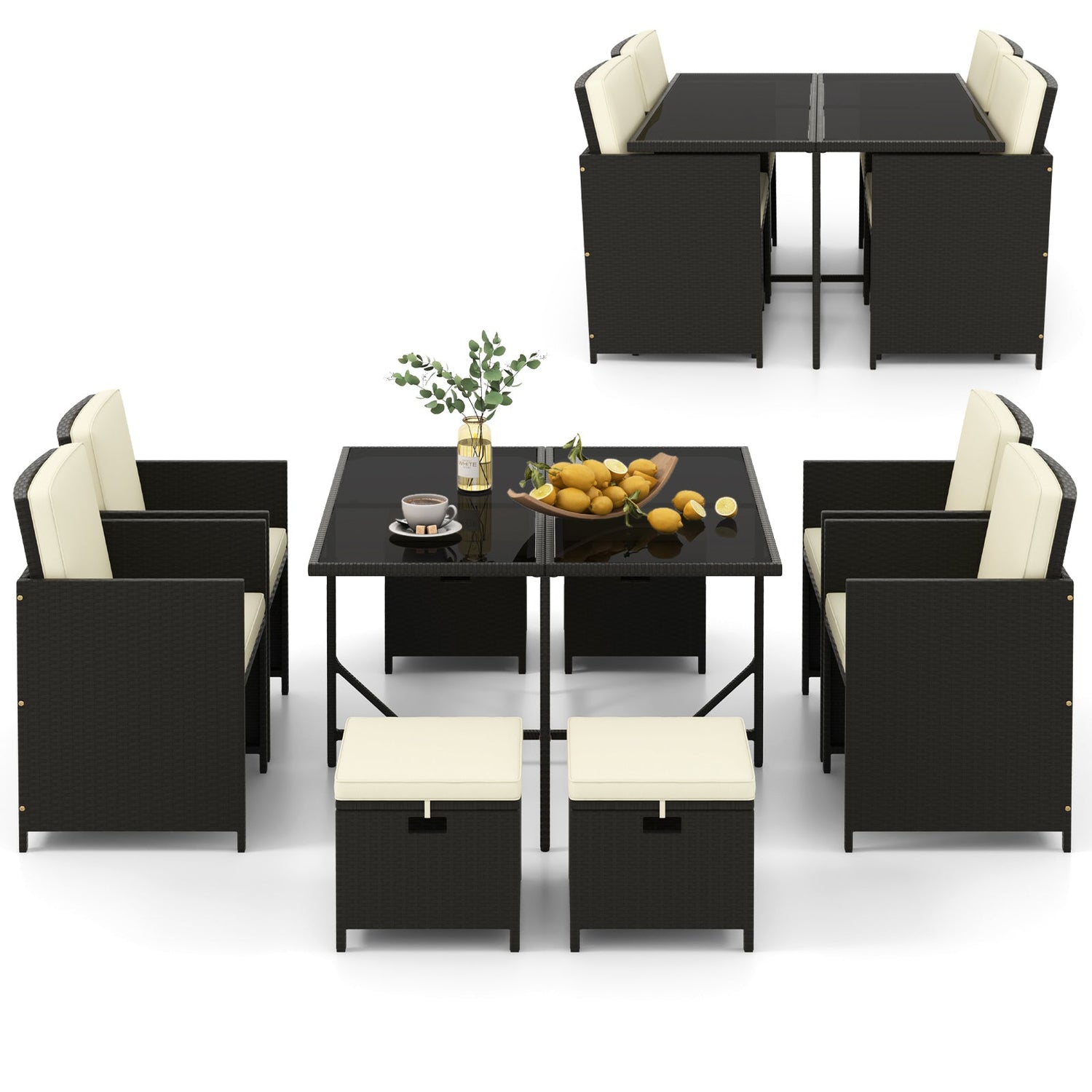 Juego de Muebles de Comedor para Exteriores de 9 Piezas con Mesa de Vidrio Templado y Otomanas-Blanco