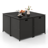Juego de Muebles de Comedor para Exteriores de 9 Piezas con Mesa de Vidrio Templado y Otomanas-Blanco