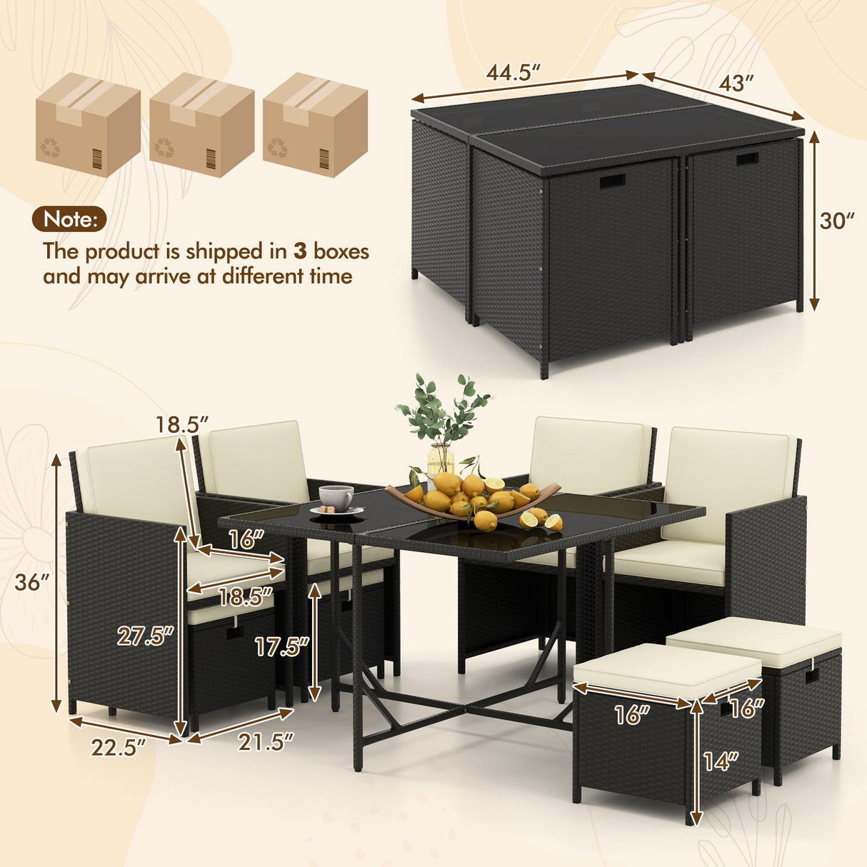 Juego de Muebles de Comedor para Exteriores de 9 Piezas con Mesa de Vidrio Templado y Otomanas-Blanco