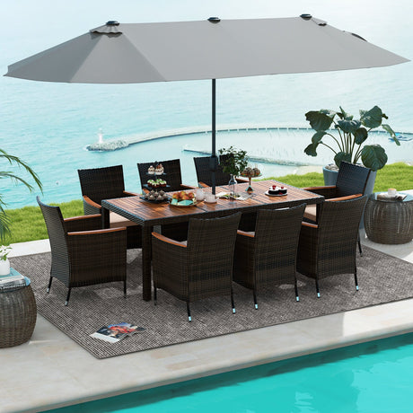 Juego de comedor para exteriores de 10 piezas con sombrilla doble de patio de 4.5 metros