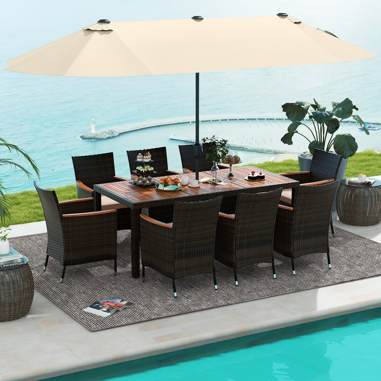 Juego de comedor para exteriores de 10 piezas con sombrilla doble de patio de 4.5 metros