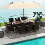 Juego de comedor para exteriores de 10 piezas con sombrilla doble de patio de 4.5 metros