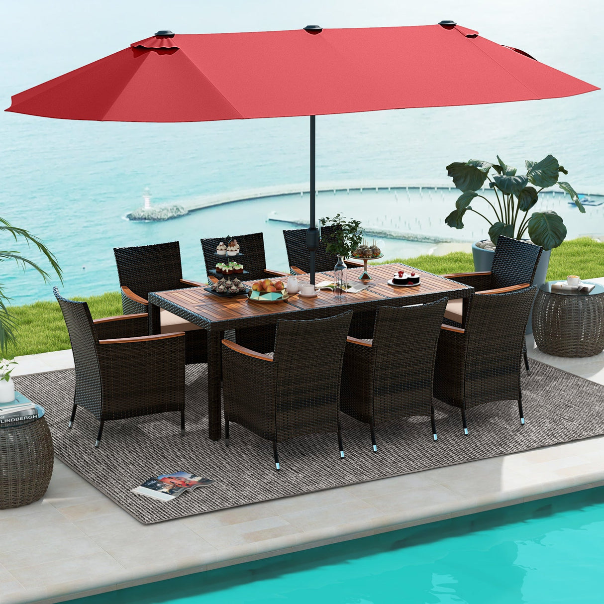Juego de comedor para exteriores de 10 piezas con sombrilla doble de patio de 4.5 metros