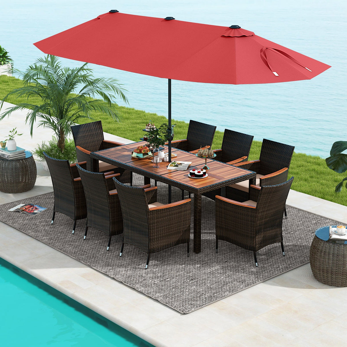 Juego de comedor para exteriores de 10 piezas con sombrilla doble de patio de 4.5 metros