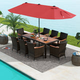Juego de comedor para exteriores de 10 piezas con sombrilla doble de patio de 4.5 metros