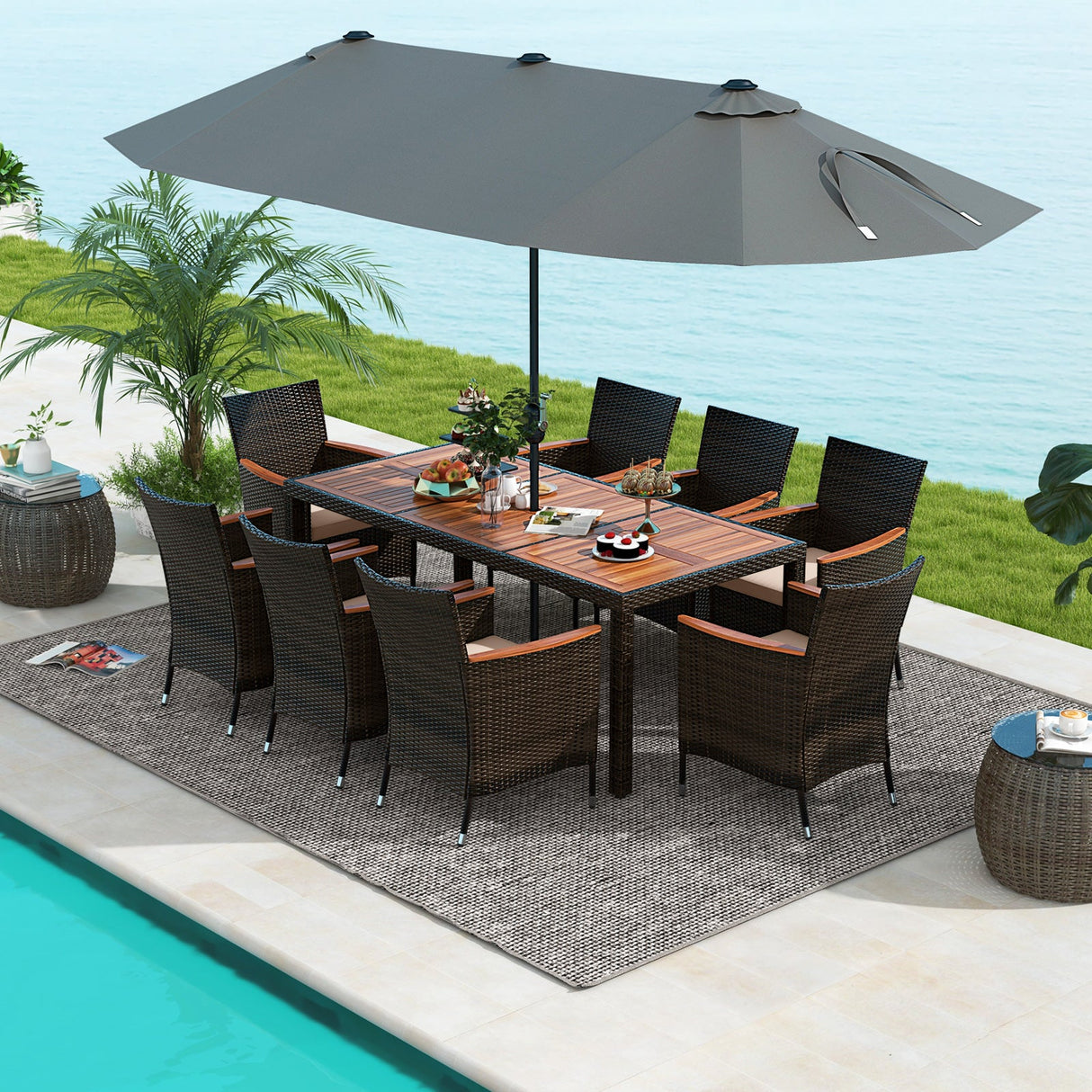 Juego de comedor para exteriores de 10 piezas con sombrilla doble de patio de 4.5 metros