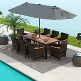 Juego de comedor para exteriores de 10 piezas con sombrilla doble de patio de 4.5 metros