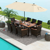 Juego de comedor para exteriores de 10 piezas con sombrilla doble de patio de 4.5 metros