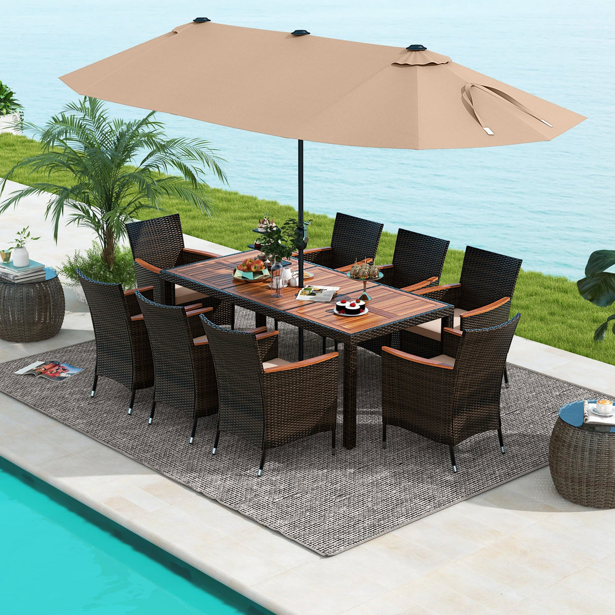 Juego de comedor para exteriores de 10 piezas con sombrilla doble de patio de 4.5 metros
