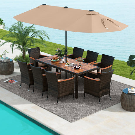 Juego de comedor para exteriores de 10 piezas con sombrilla doble de patio de 4.5 metros