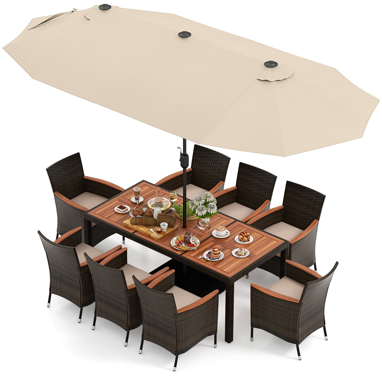 Juego de comedor para exteriores de 10 piezas con sombrilla doble de patio de 4.5 metros