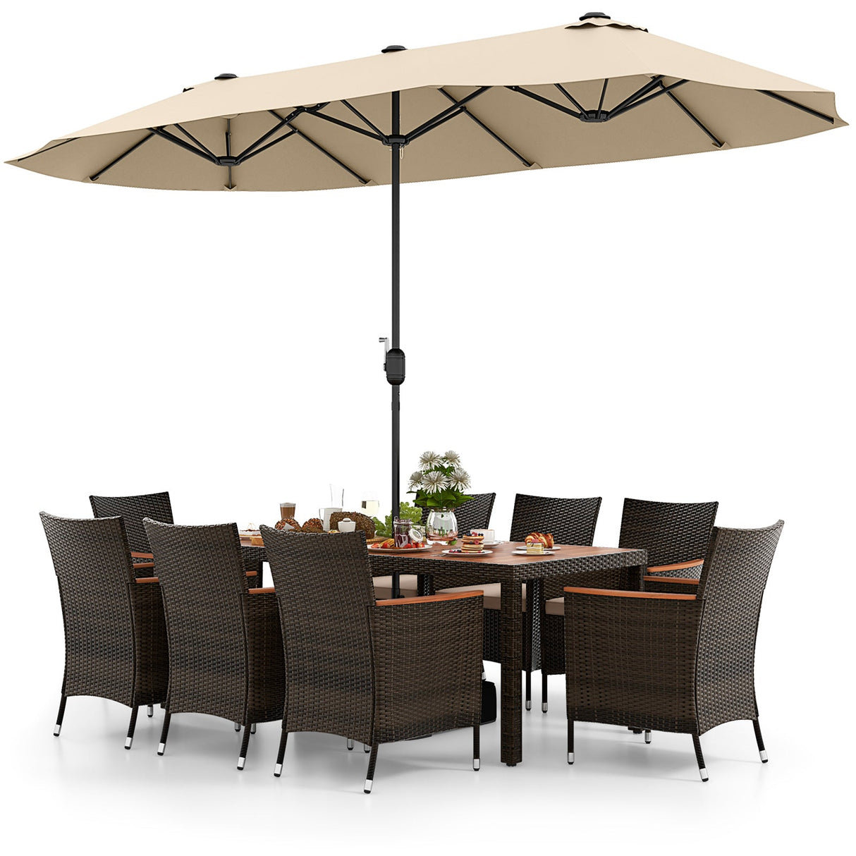 Juego de comedor para exteriores de 10 piezas con sombrilla doble de patio de 4.5 metros