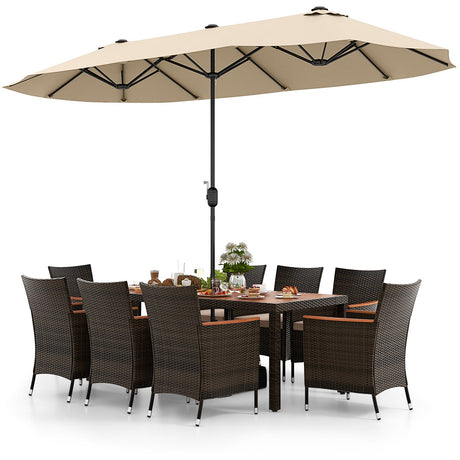 Juego de comedor para exteriores de 10 piezas con sombrilla doble de patio de 4.5 metros