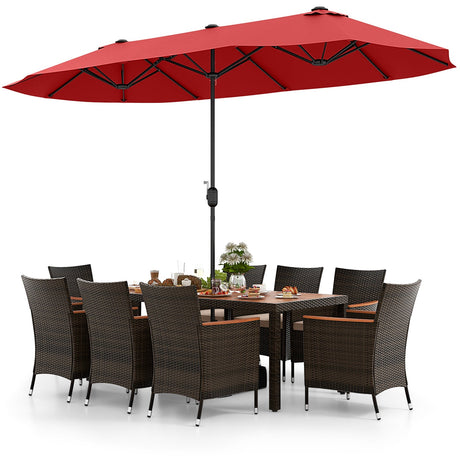 Juego de comedor para exteriores de 10 piezas con sombrilla doble de patio de 4.5 metros