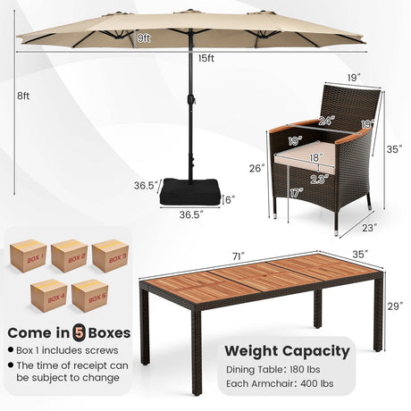 Juego de comedor para exteriores de 10 piezas con sombrilla doble de patio de 4.5 metros