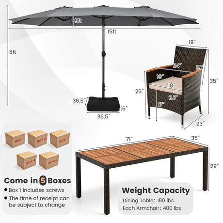 Juego de comedor para exteriores de 10 piezas con sombrilla doble de patio de 4.5 metros